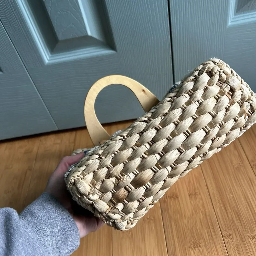 Faded Glory Woven Paper & Denim Mini Purse Wood Handle